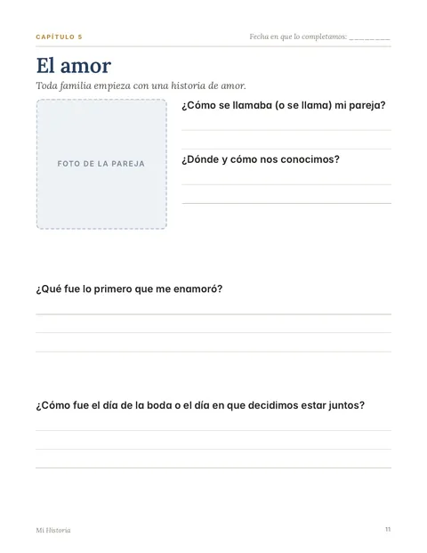 Página del capítulo El amor, con espacio para una foto y preguntas